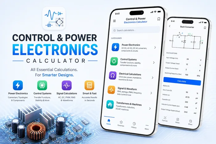 Control and Power Electronics Calculator app interface